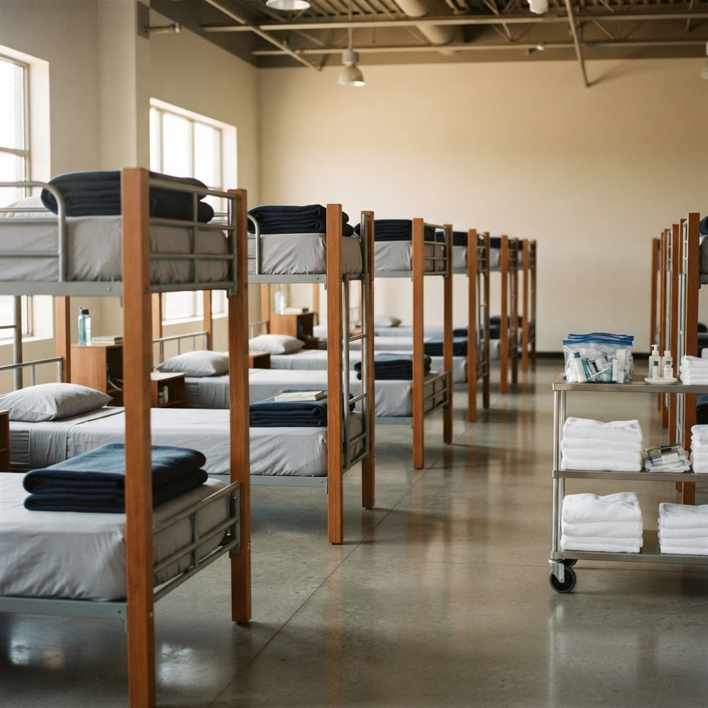 Clean, orderly emergency shelter dormitory with neatly made bunk beds and a cart of folded towels and hygiene kits