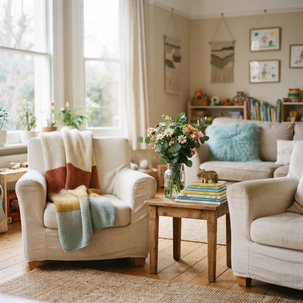 Sunlit common room in a women’s and children’s shelter with armchairs, fresh flowers and stacked picture books
