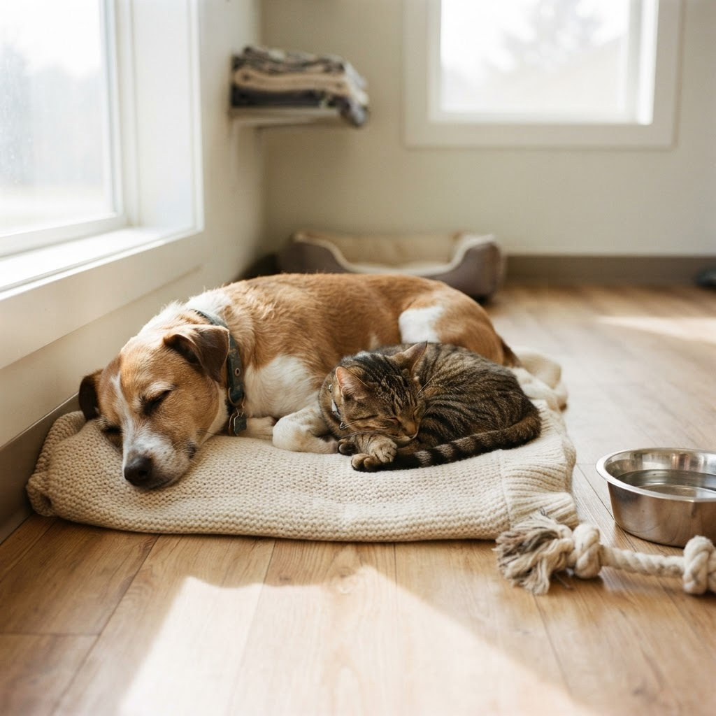 A rescued mixed-breed dog and a tabby cat resting together on a blanket in a bright, clean shelter room