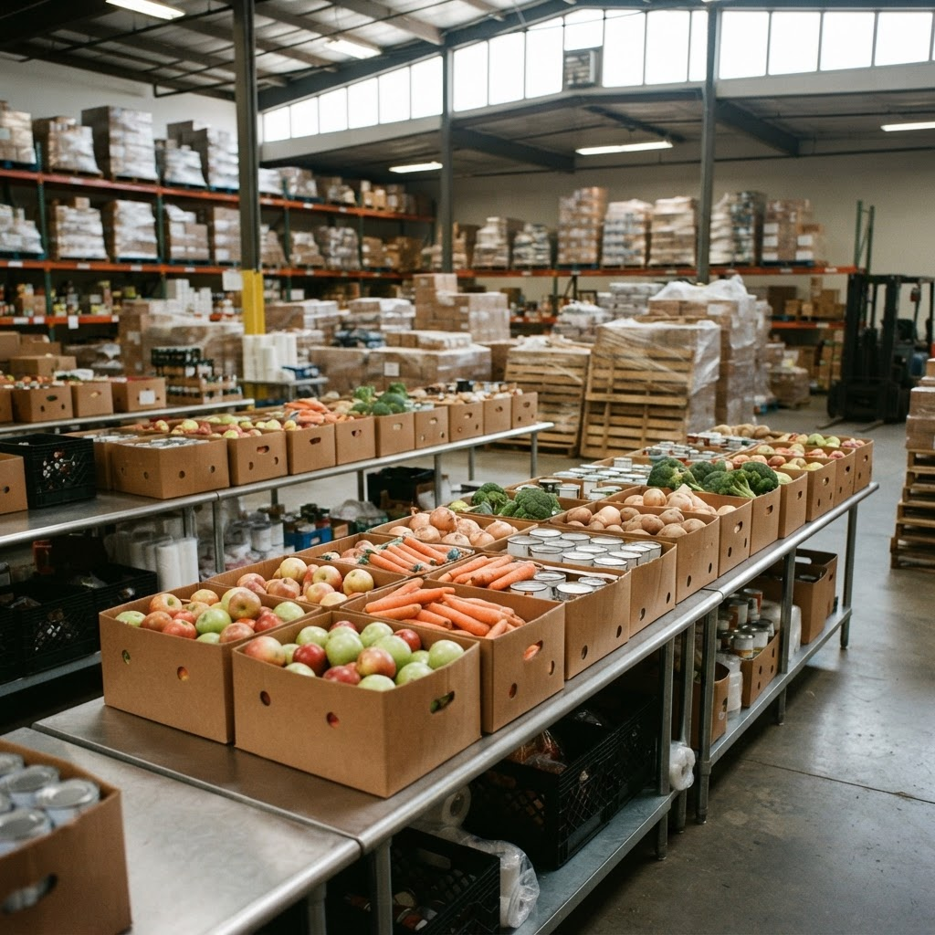 Food bank warehouse packing tables filled with boxes of fresh produce, apples, carrots and canned goods